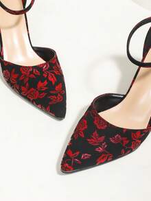 New Style Black Base Red Flower Pointed Toe Hollow Out Chunky High Heel Women Shoes - Red and Black - View 7