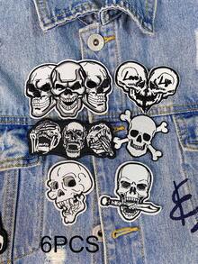 1 Set Of 3/6/8pcs Black And White Skull Clothing Embroidered Patches Iron On Patches Halloween Punk Style Cloth Sticker DIY Decorative Accessories Suitable For Backpacks, Jackets, T-Shirts, Pants, Hats, Dresses, Etc