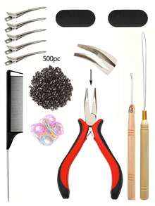 Hair Extension Tool Set, Equipped With Hair Extension Pliers, Pointed Tail Comb, Threading Device, Hook Pin, And 500 Pieces Of Micro Ring Connecting Beads For Wig Extensions, Feather Extensions, Etc - Multicolor - View 9