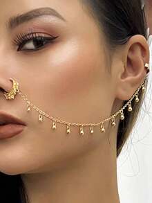 1件朋克风鼻链饰品，仿珍珠，星星，流苏链鼻夹耳环，女士款 - 款式4 - 查看 1