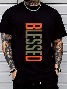 Men's Printed-Shirt - Bold Geometric Letters, Breathable Comfortable Fit, Washable Casual Short Sleeve Top, Casual Wear, Modern Casual Clothing, Medium Elastic Fabric - màu đen - Xem 1