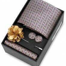 男士正式婚礼领带套装，涤纶面料领带，口袋巾，袖扣，胸针礼盒套装，金色格子图案 - 混色 - 查看 38