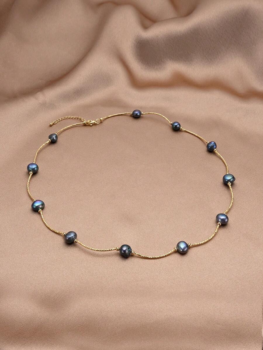1pc 18K Gold Plated Natural Pearl Necklace, Gift For Mother's Day, Valentine's Day, Birthday, Wedding, Engagement, Bride - Black - View 1