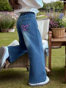 Teen GirlCasual Jeans With Heart Embroidery Pockets, Straight Leg Wide Leg Pants, Versatile Loose Fit, Autumn/Spring - Blue - View 1