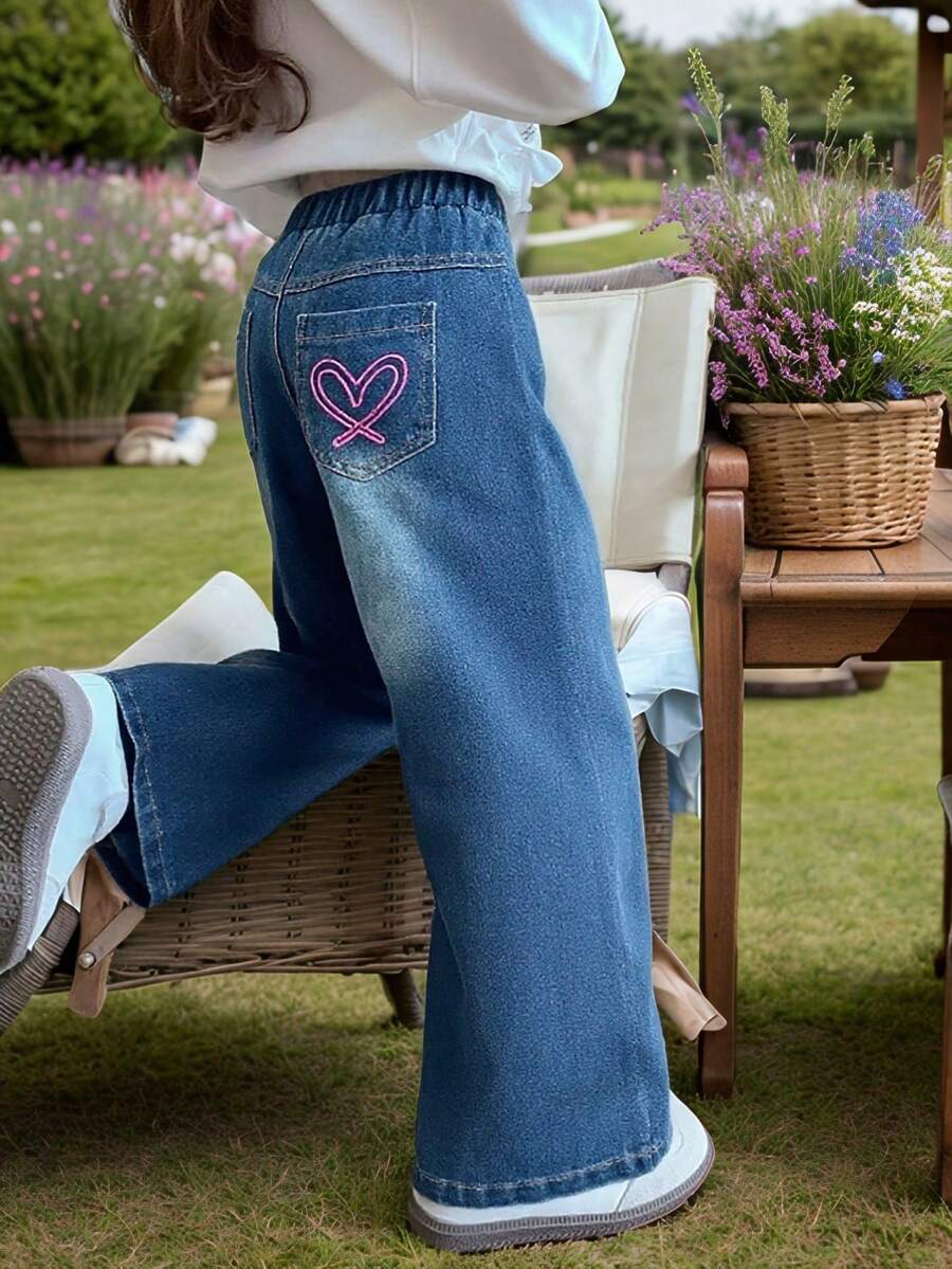 Teen GirlCasual Jeans With Heart Embroidery Pockets, Straight Leg Wide Leg Pants, Versatile Loose Fit, Autumn/Spring - Blue - View 1