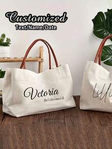 Custom Bridesmaid Beach Tote, Personalized Ivory Canvas Handbag With Name For Weddings Bridal Parties And Travel - White - View 2