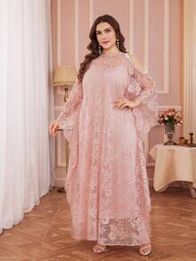 French Plus Size Retro Lace Trim Round Neck Beaded Embellished Dress With Adjustable Strap Slip Dress, Romantic 2 Pieces Set Pink Spring - Pink - View 4