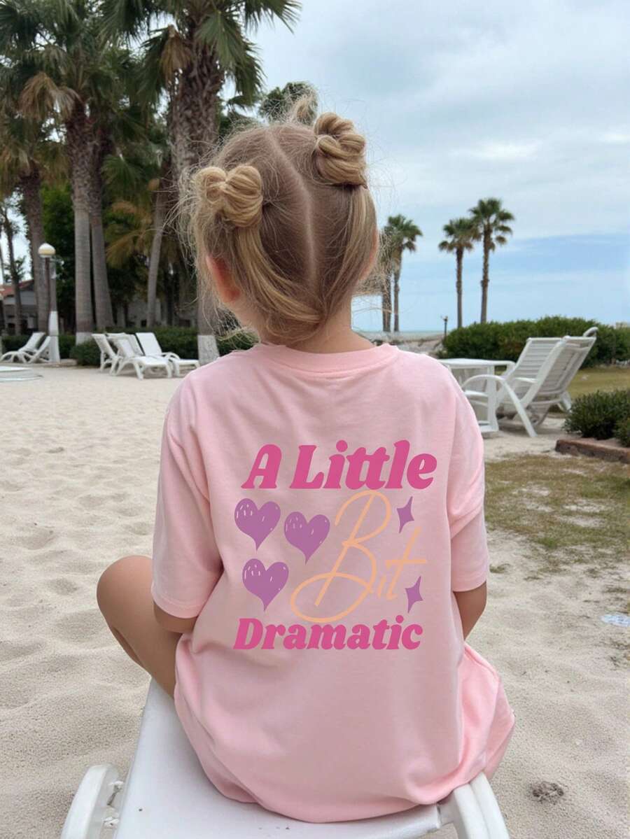 女童休闲标语爱心印花短袖T恤，夏季 - 粉色 - 查看 1