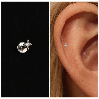 1只925纯银星星耳钉，女士耳环，扁平耳骨钉，适合日常佩戴、婚礼、派对、订婚、圣诞礼物，精致珠宝