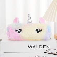 Cartoon Octagonal Bag Cute Colorful Plush Pencil Case Simple Pencil Box Student Stationery Box Makeup Storage Bag - 瞇眼灰 - 查看 8