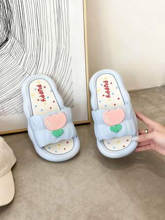 Zapatillas de estilo hada de tulipán rosa con suela azul celeste, unisex, cómodas y suaves de material PVC, con suela antideslizante y un lindo patrón de lunares