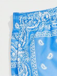 Men's Boho Paisley Print Drawstring Waist Summer Shorts With Pocket - Blue & White Paisley - View 6