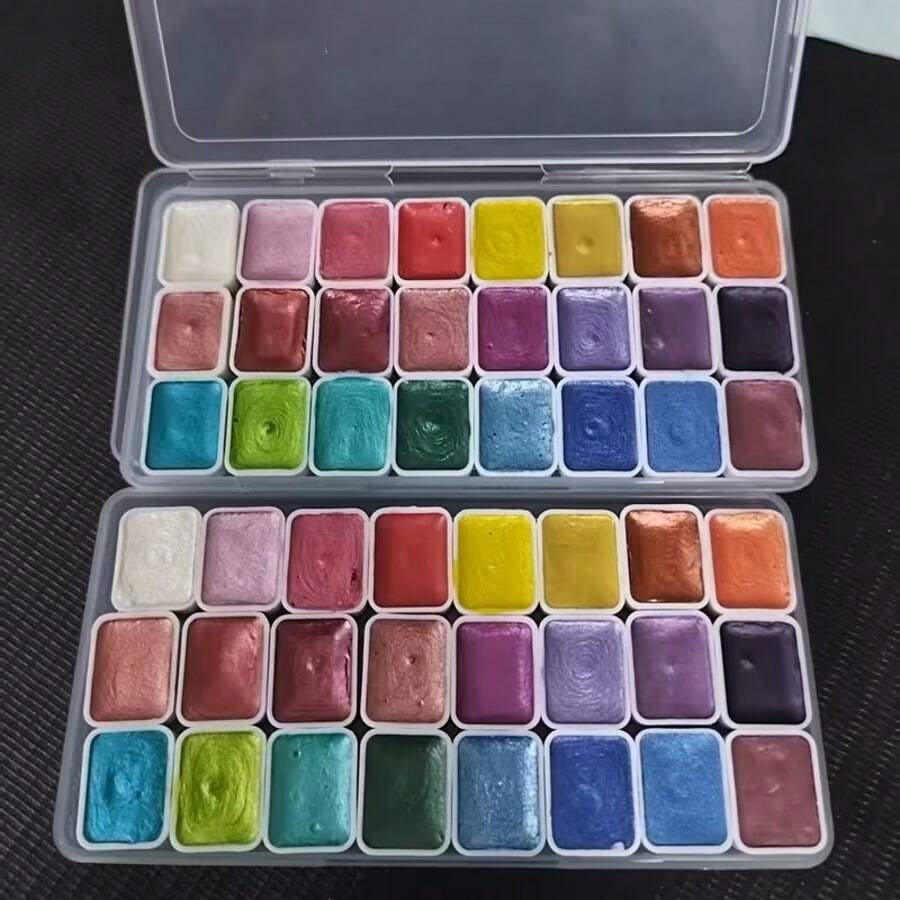 48 Colors, 2 Boxes Of 24 Colors Pearl Watercolor Paints - Vibrant Metallic Tones, Suitable For Traditional Chinese Painting, Tangka Calligraphy And Professional Art Use, Professional Art Supplies | Vibrant Colors | Metallic Surface Treatment, Professional Watercolor, Metallic Watercolor, Palette - Sets - View 1