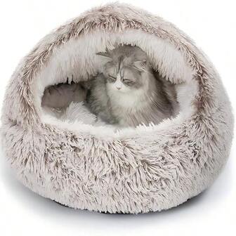 Plush Hooded Cat Bed, Calming Nest, Self-Warming Cave, Cozy Pod For Indoor Cats Or Small Dogs, Removable Washable Cove With Non-Slip Bottom