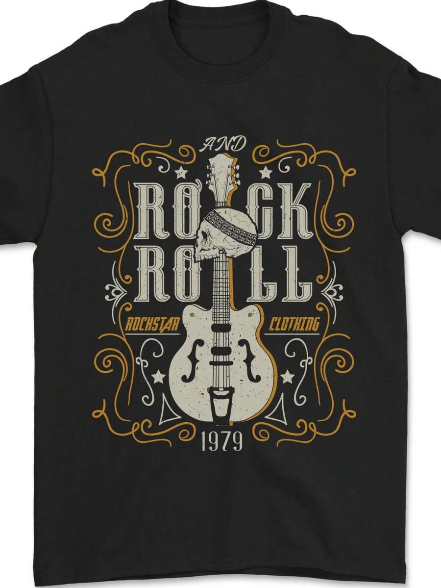 Rockstar Rock N Roll Guitar Skull Music Mens T-Shirt 100% Cotton - 黑色 - 查看 1