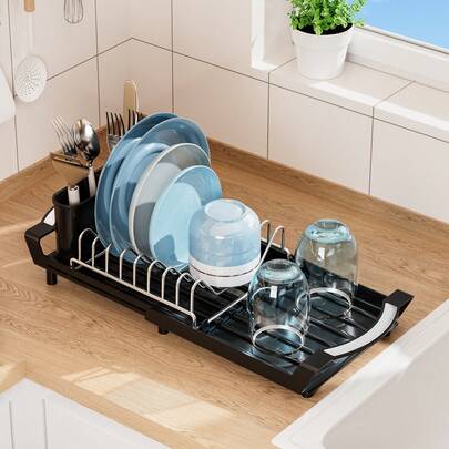 1pcs Expandable Dish Drying Rack For Sink Or Countertop, Compact Stainless Steel Dish Drainer With Removable Utensil Holder