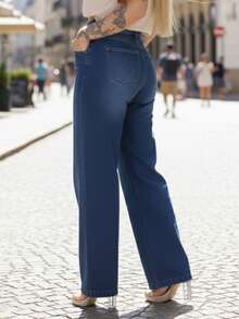 Wide Leg Women's Pants, Marbled Pattern, Wide Leg, High Waist, Thick Fabric, 100% Denim - Màu xanh lam - Xem 2