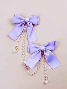1个珍珠链蝴蝶结发夹，可爱甜美小女孩公主流苏头饰，珍珠发夹（卡片仅供展示） - 紫色 - 查看 6