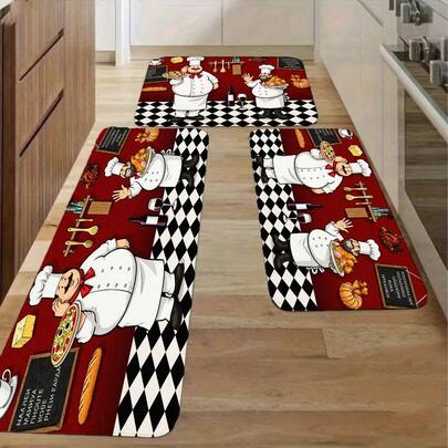 Cartoon Chefs Pizza Kitchen Rug, Red Background With Black & White Checkered Edge, Decorative Kitchen Mat With Baguette Cheese Rolling Pin Illustrations - Light Wooden Floor Kitchen Decor For Culin