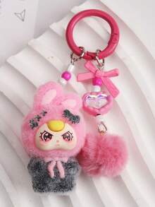 New Flocked Ombre Crooked Ear Keychain, Fashionable Cute Cartoon Accessory Bag Charm Key Chain - Multicolor - View 7