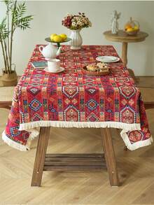 1pc Bohemian Style Red Geometric Jacquard Tablecloth With Natural Tassel, Rectangular Tablecloth For Dining Table, Coffee Table, TV Stand, Entryway, Suitable For Holiday Gatherings, Birthday Parties, Weddings, Dining Room, Living Room, Office, All Seasons - Red - View 2