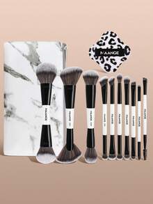 MAANGE 3/10 قطعة مجموعة فرش مكياج احترافية ذات طرفين، تشمل حقيبة مكياج، فرشاة أساس مائلة، فرشاة تحديد الملامح، فرشاة أحمر الخدود، فرشاة البودرة، فرشاة ظلال العيون، فرشاة الكونسيلر، فرشاة البرز، فرشاة الخلط، شعيرات ناعمة، محمولة، مجموعة سفر، هدية للنساء/البنات - أبيض وأسود - مشاهدة 5