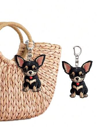 Lindo llavero de acrílico de chihuahua blanco y negro - Evita la pérdida de llaves - Colgante de animal de dibujos animados con cierre de langosta, accesorio de mochila de moda e idea de regalo, joyería de perro, llavero de perro, material de PVC, impresión a doble cara, imagen clara, colores ricos, hebilla de langosta