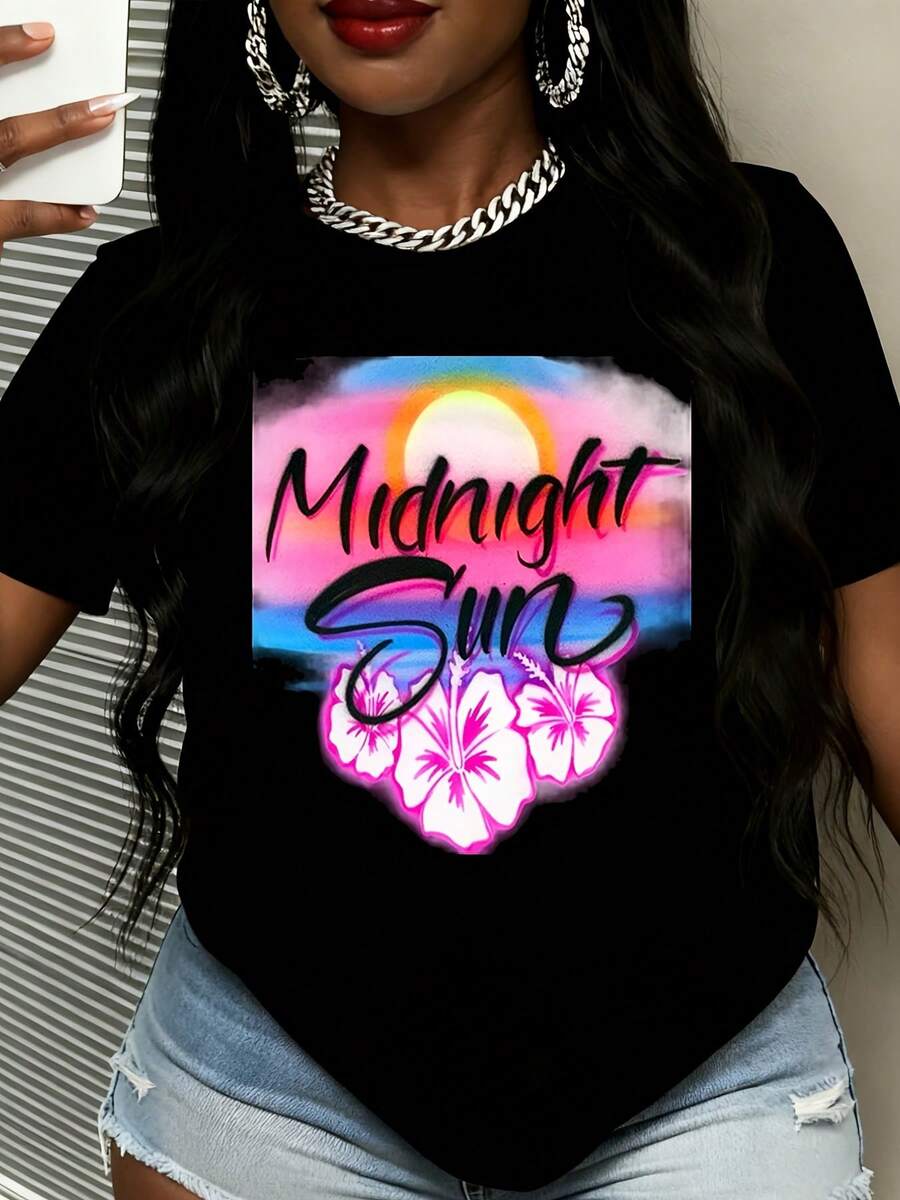 Midnight Sun Tropical Floral Graphic T-Shirt For Women Summer Beach Party Casual Wear Vibrant Rainbow Design With Hibiscus Flowers Fun And  Style - 黑色 - 查看 1