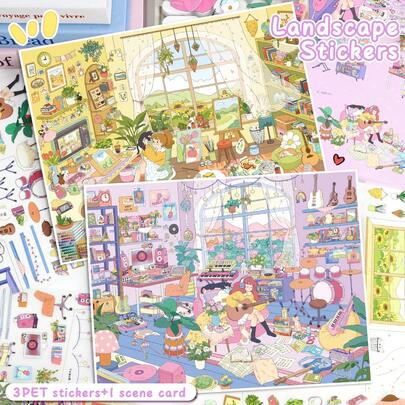 ملصقات DIY منظر طبيعي منزل مصغر ثلاثي الأبعاد، استوديو موسيقى، استوديو رسوم، مناسبة للهدايا والمكاتب والمنازل والتعليم والترفيه والدفاتر الطلابية والديكور الرجعي الإبداعي