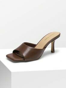 Dream Pairs Tacones de mula de punta cuadrada para mujer - Sandalias de tacón de aguja deslizables para eventos, fiestas y uso diario - Marrón - Ver 4