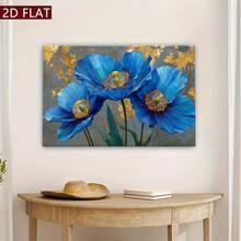 2D Flat, 1pc Blue Poppy Flowers Oil Painting On Canvas - Hand-Painted Textured Look With Golden Accent Dark Green & Blue Hues, Wooden Framed Wall Art For Living Room, Bedroom, Office Decor - Winter/Autumn Seasonal Home Decoration, Ready-To-Hang (No Electricity Needed) - Elegant Blue Floral Wall Hanging For Modern & Traditional Interiors, Wall Paintings For Living Room - 彩色 - 查看 6