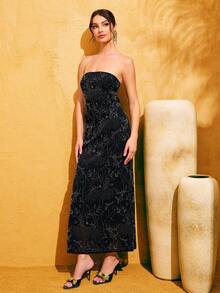 Black Sequin Backless Maxi Dress With Bowknot Straps, Evening Gown