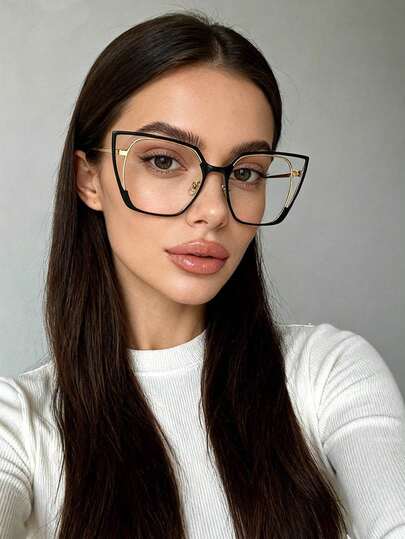 1 pieza Gafas transparentes de mujer con montura grande de ojo de gato personalizadas y versátiles, gafas de lectura de ordenador exquisitas y de moda, adecuadas como accesorios de viaje y para la ropa diaria
