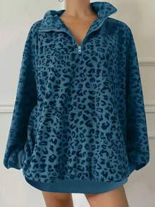 Plus Women's Leopard Print Half Zipper Loose Sweatshirt - 藍色 - 查看 4