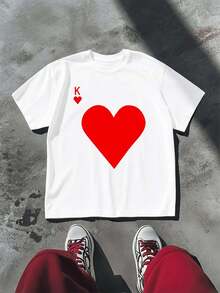 Maglietta grafica King Heart in cotone di prima qualità, vestibilità comoda, street hip-hop, traspirante - Bianco - Visualizzare 2