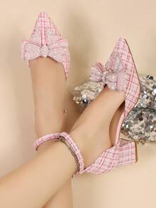 2025 New Basic Butterfly Rhinestone Decor Black Pointed Toe High Heel Pumps, Sexy & Elegant For Dresses, Autumn/Winter,Chunky Heels - Pink - View 3