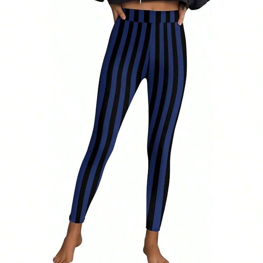Leggings verticales a rayas para mujer, leggings de Halloween de talla, mallas elsticas hasta el tobillo, pantalones deportivos casuales, Azul oscuro, Medium - inicial - Ver 1