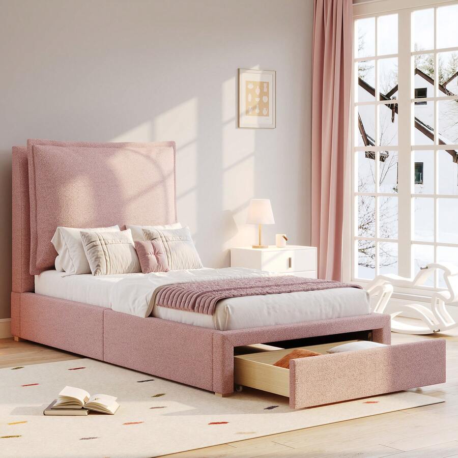 Upholstered Bed, Single Bed, Children's Bed 90 X 200 Cm, Functional Bed, Slatted Bed With Headboard And Large Storage Space, Padded Headboard, Chenille, Pink - Pink - View 1