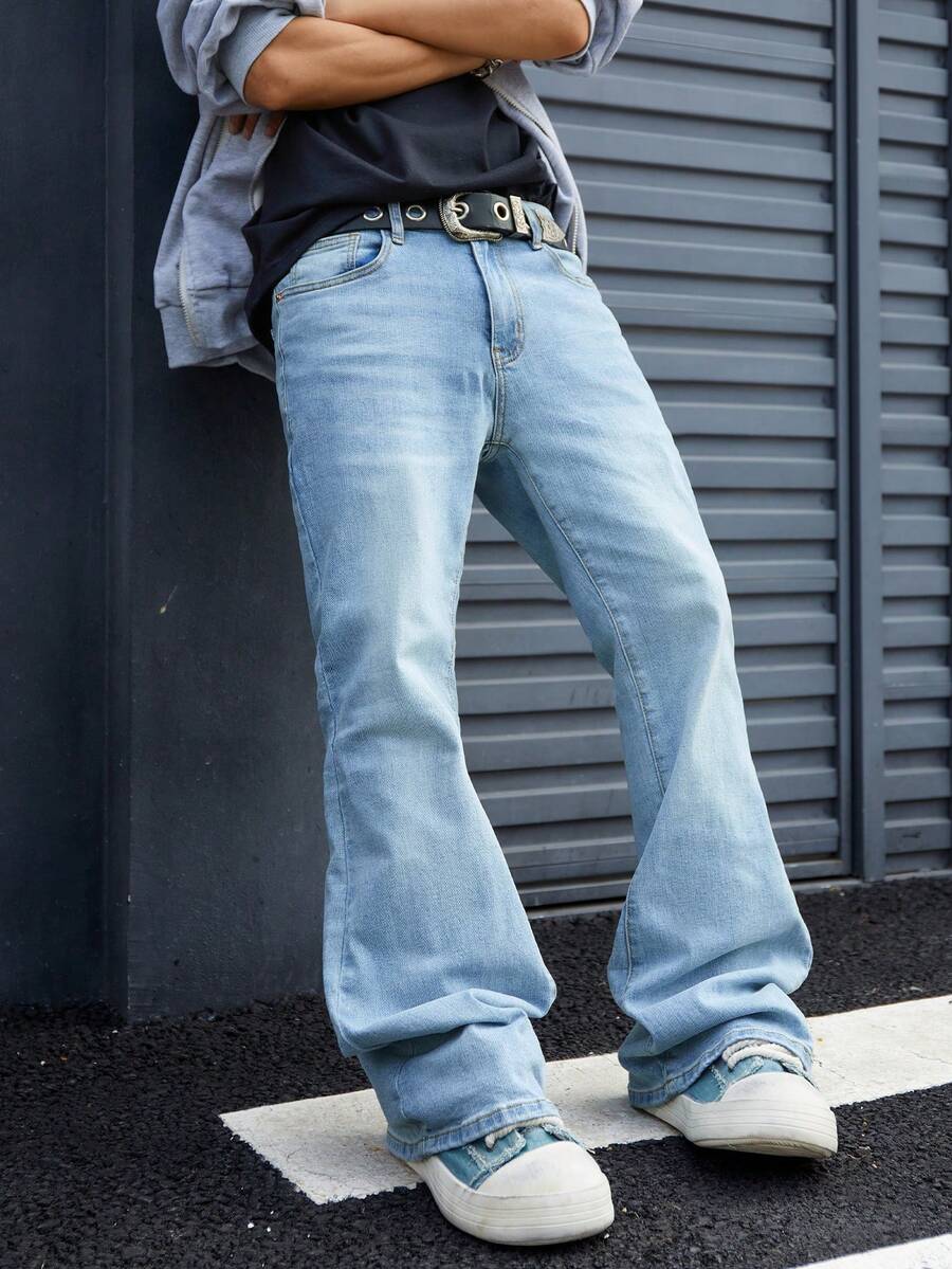 Men's Slim Fit Flared Leg Jeans Light Wash Stretch Denim Pants Y2K Retro Streetwear Bell Bottom Style - 薄荷藍 - 查看 1