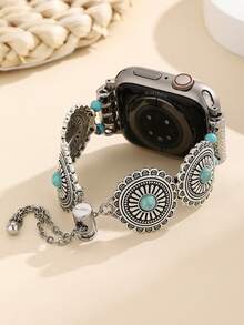 1pc Bohemian Style Turquoise Beaded Elastic Watchband, Compatible With Apple Watch 38/40/41/42/44/45/46/49mm, Vintage Silver Smartwatch Band Compatible With Series Ultra/SE/10/9/8/7/6/5/4/3/2/1, Unisex Casual Vacation Daily Accessory Strap - Silver - View 10
