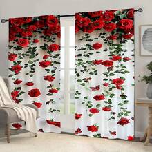 2 pezzi Tende per San Valentino con rose rosse, motivo a rose e farfalle rosse, in fibra di poliestere per decorazione della casa, stile per soggiorno e camera da letto, effetto bastone, atmosfera romantica, 160 g/m² - Multicolore - Visualizzare 4