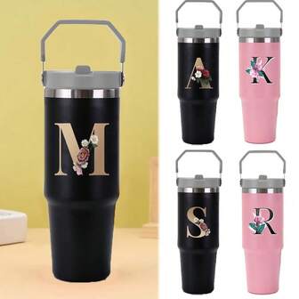 1pc 30oz Tumbler Cup Stainless Steel Vacuum Thermal Insulated Mug Gold Initial Letter Printing Portable Water Bottle Large Capacity Double Drink Car Water Bottle Travel Mug