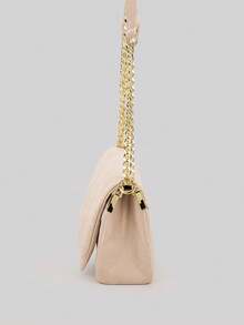 复古绗缝麂皮方形包，现代简约奢华风格女士单肩包，饰以刺绣线和金属链，拉链封口，适合日常购物和休闲穿着 - 米色 - 查看 3