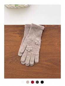 女士保暖长款露指针织手套（1双），花卉图案，秋冬季款，触屏操作，纯色 - 2朵金絲小花 - 查看 12