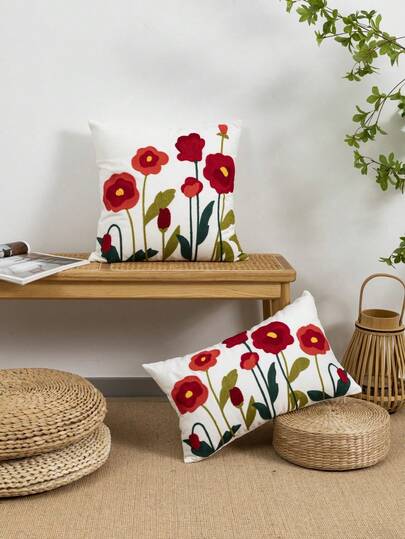 1pc Floral Pattern Pillow Cover, Cotton Blend Chain Embroidery Decorative Cushion Cover, Farmhouse Style Spring/Summer Flower Breathable Throw Pillow Case For Bedroom, Living Room, Sofa, Garden Decor, 30*50cm 45*45cm (Inner Pillow Not Included)