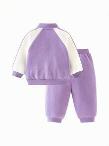 mini bala 男童运动套装，字母图案插肩长袖条纹拉链外套和运动裤，柔软针织面料 - 粉紅紫色 - 查看 5