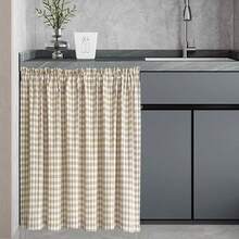 1PC/2PCS Japanese Minimalist Style Two-Color Plaid Short Curtain, Small Window Curtains For Kitchen, Cafe Style Half Curtains, No Drill Tension Rod Curtains, Compact Size For Small Kitchens - Apricot - View 5