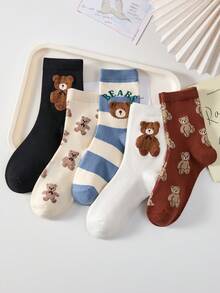 4双装女士彩色拼接短袜，双层植绒泰迪熊条纹拼接中筒袜，秋冬新款，适合居家、通勤、约会、上学、节日送礼，颜色随机 - 彩色 - 查看 6