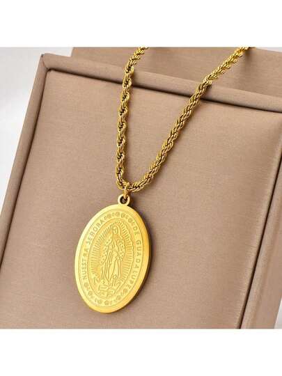 1pc Stainless Steel Gold-Plated Twisted Chain Oval Portrait Mary Pendant Necklace, Vintage Fashion Personalized Design, Suitable For Men, Women, Couples, Casual, Party, Street Wear (OPP Bag Packaging)