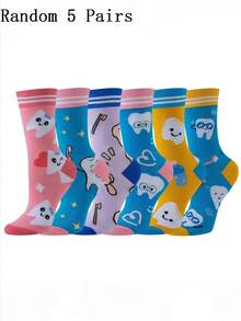 1/3 Pairs Women Cartoon Teeth Pattern Mid-Calf Socks, Creative Personalized Versatile Comfortable And Cute Socks - Multicolor - View 28